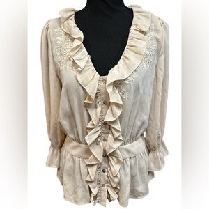 Forever 21 Women’s Cream Renaissance Style Ruffled Neck & Sleeve Blouse Size M